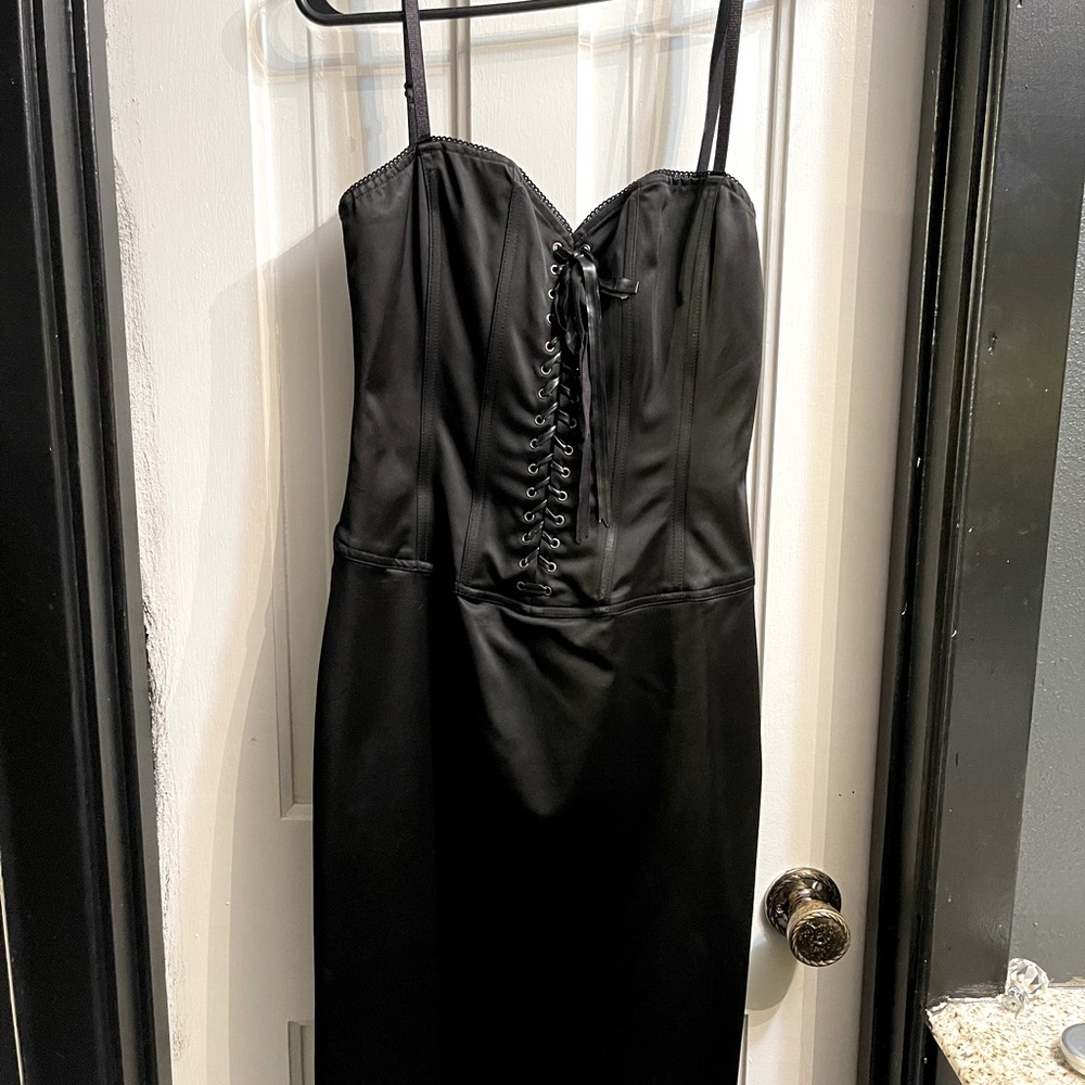 Vintage Bebe silk corset midi dress. Size medium, back slit, spaghetti straps
